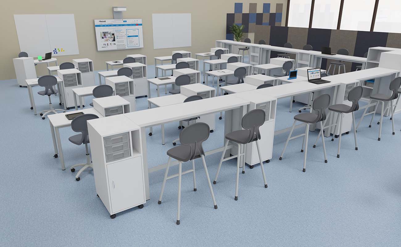 Klassenzimmer LernLounge Ausschnitt mit Flexeo LernFlex Tischen, essBar Hochtischen, Flexeo Caddys und Schallschutz