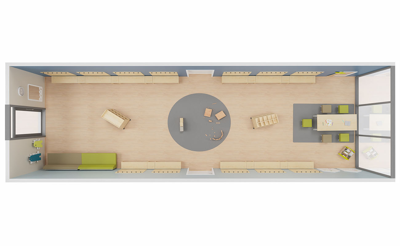 Garderobe Spiel- und Stauraum Obenansicht mit Flexeo Armadio Garderobe, essBar Bänken und Tischen,  EduCasa Taschenwagen und Bücherwagen und Betzold Bausteinwagen