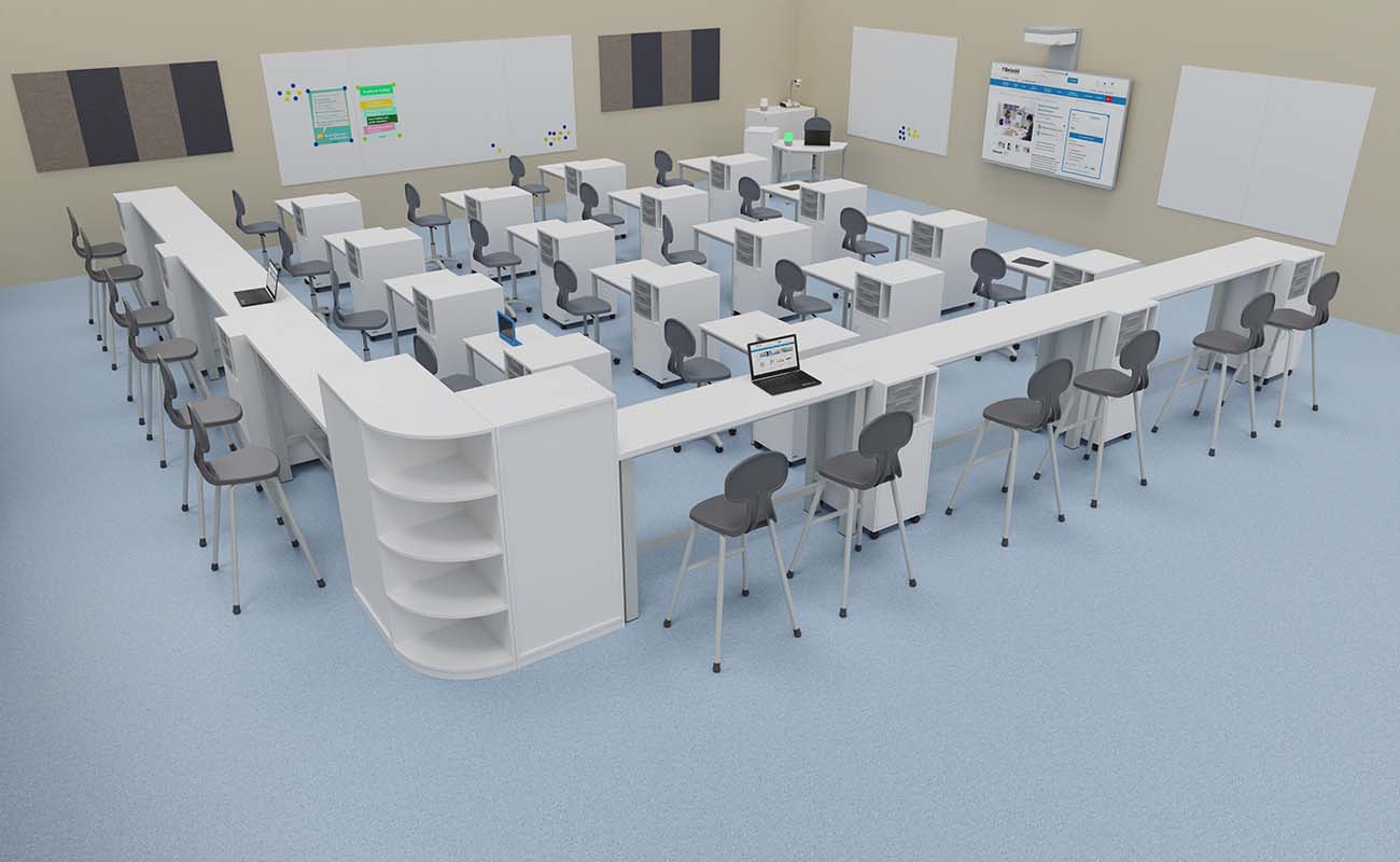 Klassenzimmer LernLounge Unterrichtsbereich Klassenzimmer LernLounge Ecke mit essBar Hochtischen, Hochstühlen, Flexeo LernFlex Tischen und Drehstühlen