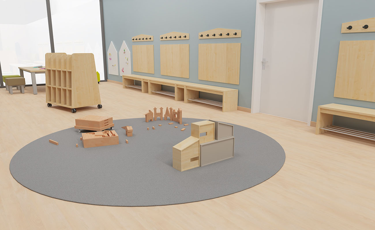 Garderobe Spiel- und Stauraum Ausschnitt mit Flexeo Armadio Garderobe, essBar Bänken und Tischen,  EduCasa Taschenwagen und modularem Puppenhaus und Betzold Bausteinwagen