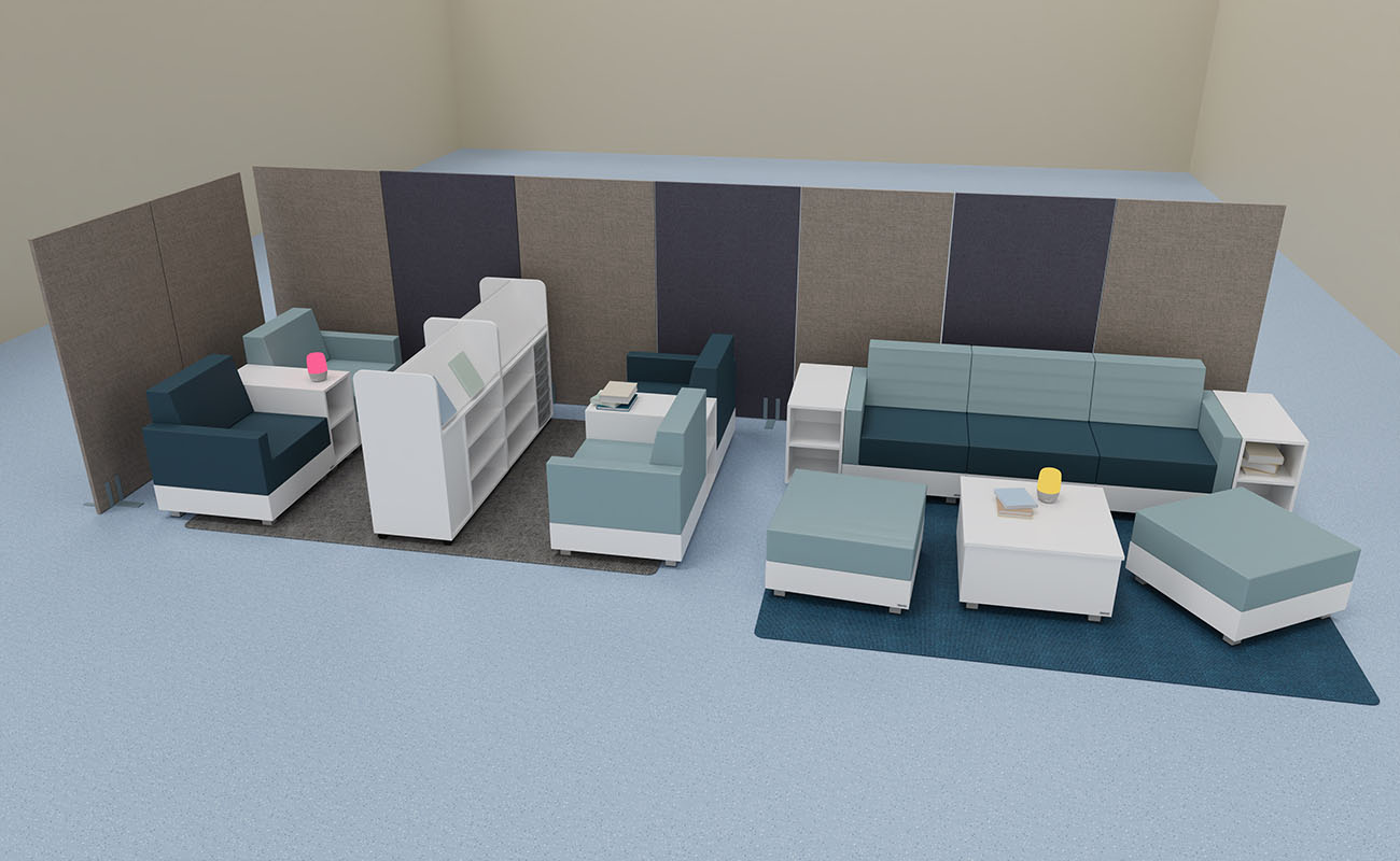 Klassenzimmer LernLounge Klassenzimmer LernLounge Ecke mit Chillo Sofas, Sesseln, Couchtisch und Schallschutzwänden