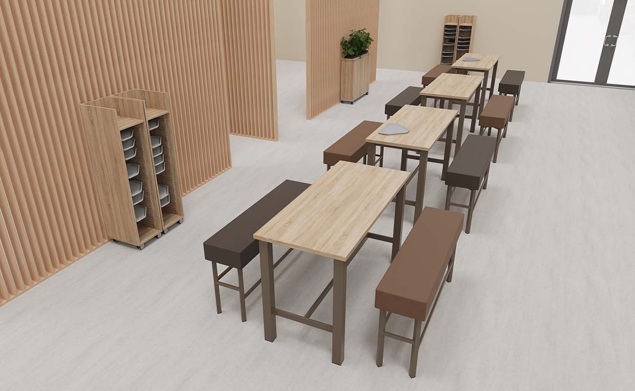 Mensa Kinderbistro Ecke mit essBar Hochtischen und Hochbänken und Flexeo Tablettwagen