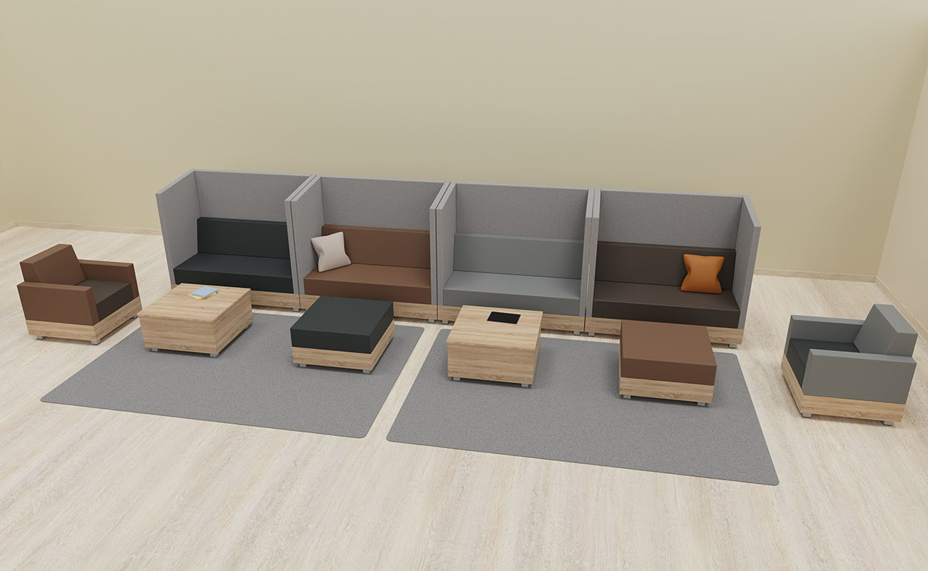 Lehrerzimmer Lehrkraft Lounge Lehrerzimmer Lehrkraft Lounge Ecke mit Chillo Schallschutzsofas, Chillo Sesseln und Chillo Couchtischen
