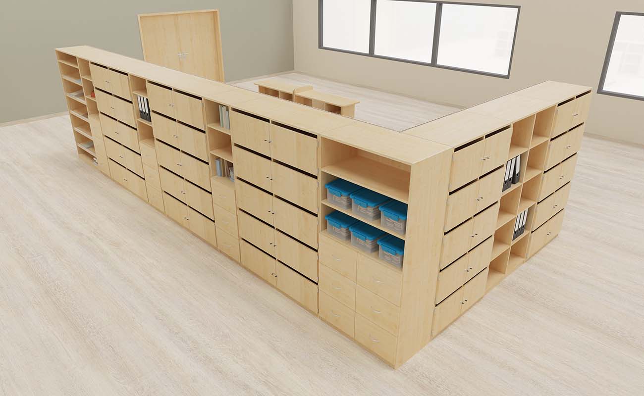 Lehrerzimmer Lehrkraft Lounge Ecke mit Flexeo Schrankkombinationen