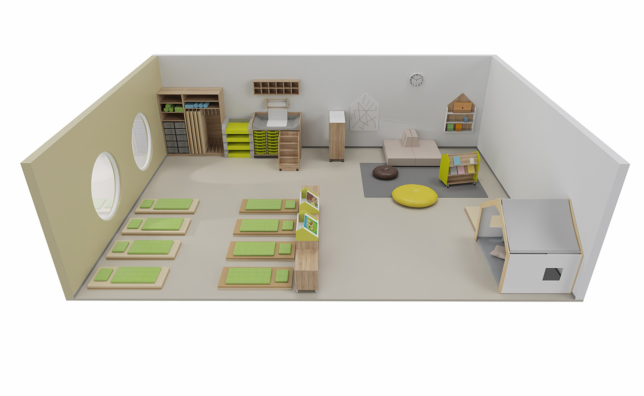 Schlafraum Spiel und Schlummerstube Seitenansicht mit Flexeo Mattenschrank, Wickeltisch, Bodensitzpolstern, EduCasa Traumhaus, Bücherwagen und Bücherregal