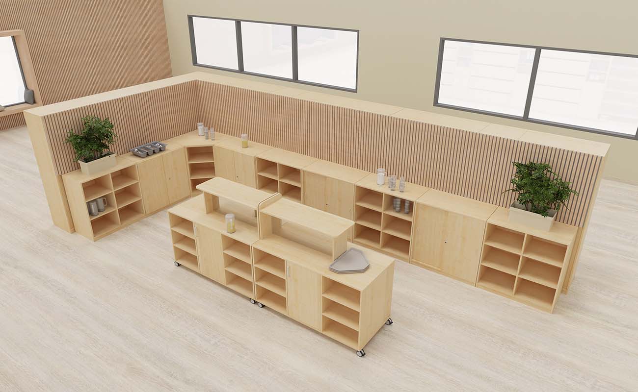Lehrerzimmer Lehrkraft Lounge Ecke mit Flexeo Regalen und Schränken und Buffetwagen