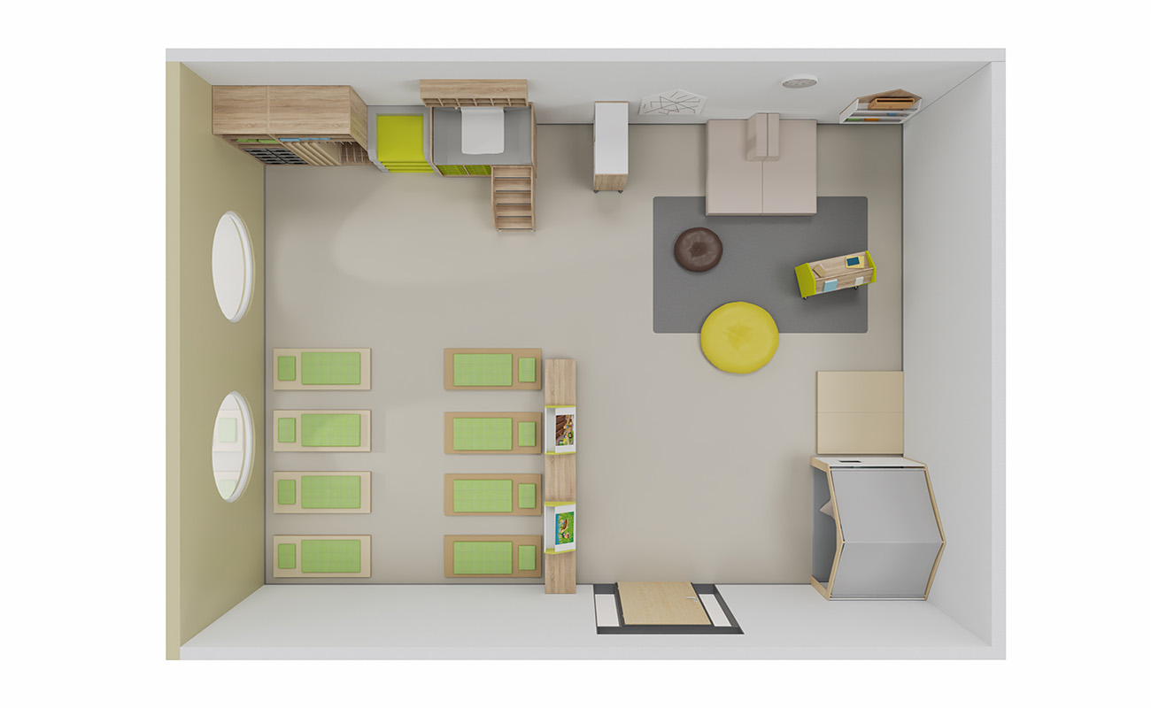 Schlafraum Spiel und Schlummerstube Obenansicht mit Flexeo Mattenschrank, Wickeltisch, Bodensitzpolstern, EduCasa Traumhaus, Bücherwagen und Bücherregal