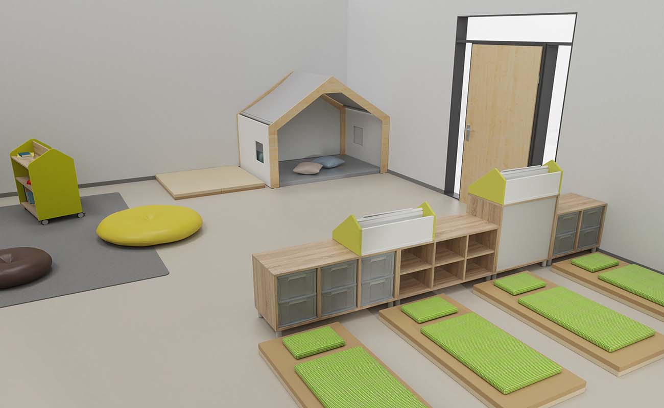 Schlafraum Spiel und Schlummerstube mit Flexeo Mattenschrank, Wickeltisch, Bodensitzpolstern, EduCasa Traumhaus, Bücherwagen und Flexeo Raumtrenner Regal