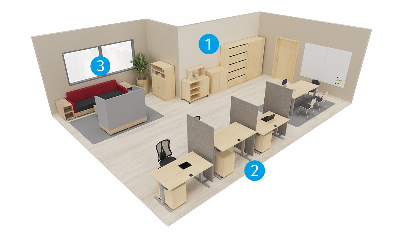 Lehrerzimmer Team-Atelier Gesamtansicht mit Icons mit Flexeo Schränken, Chillo Sofa und Schallschutzsofa und Schreibtischen