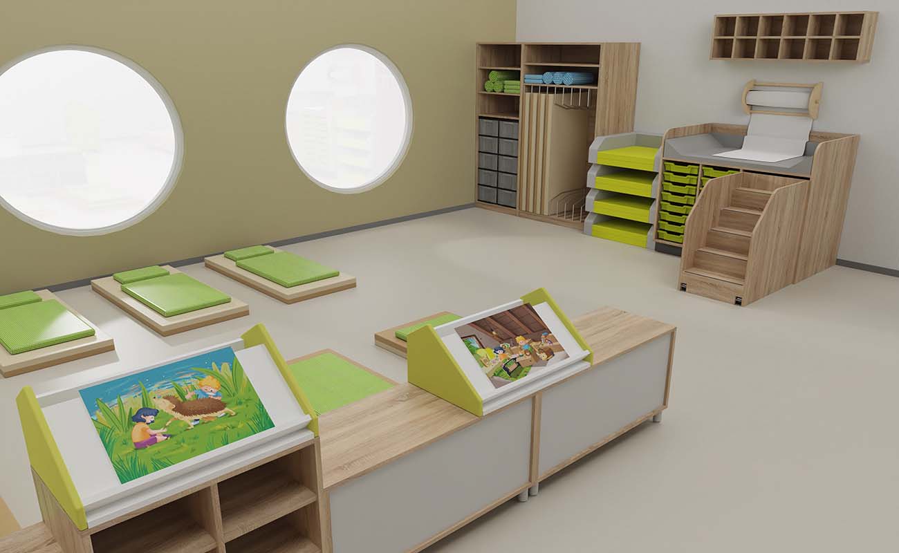 Schlafraum Spiel und Schlummerstube mit Flexeo Mattenschrank, Wickeltisch, Flexeo Raumtrenner mit Bücherpulten und zweifarbigen Liegen