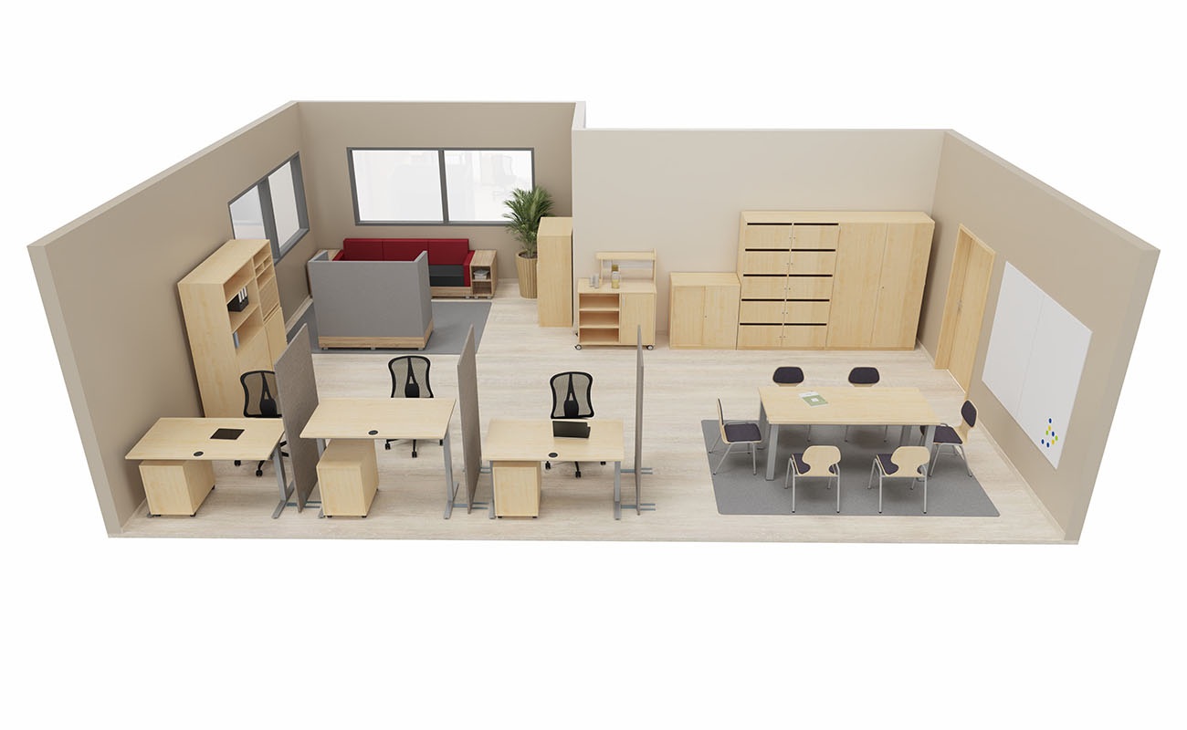 Lehrerzimmer Team-Atelier Seitenansicht mit Flexeo Schränken, Chillo Sofa und Schallschutzsofa und Schreibtischen