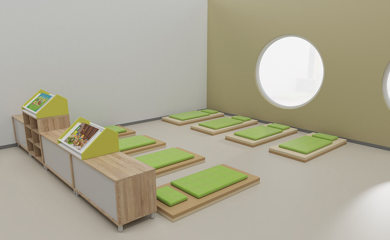 Schlafraum Spiel und Schlummerstube mit Flexeo Raumtrenner mit Bücherpult, Wickeltisch, Bodensitzpolstern, EduCasa Traumhaus, Bücherwagen und Bücherregal