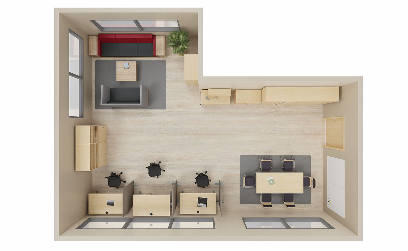 Lehrerzimmer Team-Atelier Ansicht von oben mit Flexeo Schränken, Chillo Sofa und Schallschutzsofa und Schreibtischen