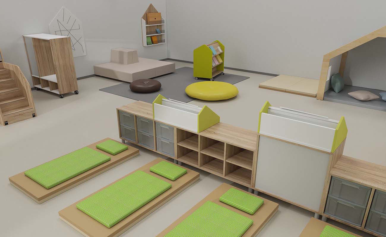 Schlafraum Spiel und Schlummerstube mit Flexeo Raumtrenner mit Bücherpult, Wickeltisch, Bodensitzpolstern, EduCasa Traumhaus, Bücherwagen und Bücherregal