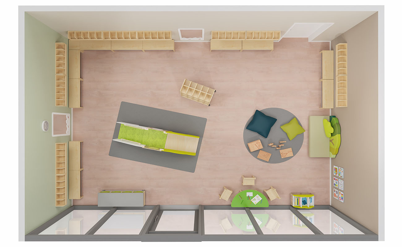 Garderobe Herzlich Willkommen mit EduCasa Spielburg, Flexeo Armadio Garderobe,  Betzold Waldsofa, EduCasa Taschenwagen, Bausteinwagen und Bücherkiste Busch