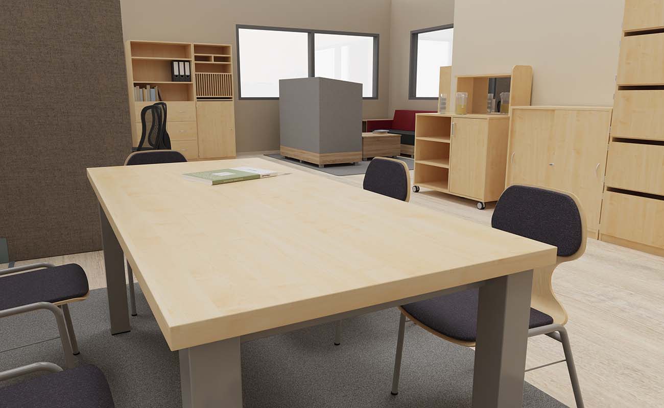 Lehrerzimmer Team-Atelier Ausschnitt mit essBar Tisch, Schallschutz und Flexeo Schränken
