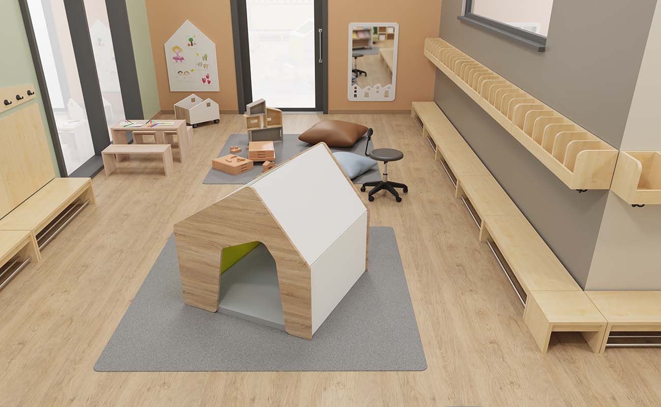 Garderobe Waldwinkel Garderobe Waldwinkel Spielbereich mit EduCasa Spielhaus Sinne, Betzold Holzsitzgruppe, modularem Puppenhaus, Erzieherstuhl und Flexeo Armadio Garderoben