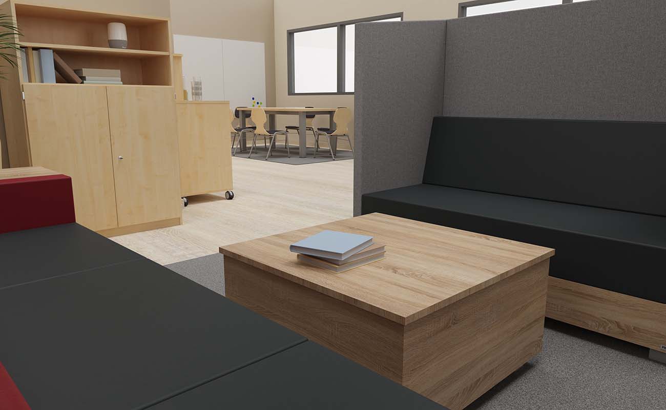 Lehrerzimmer Team-Atelier Ausschnitt mit Chillo Schallschutzsofa, Chillo Couchtisch und Chillo Sofa