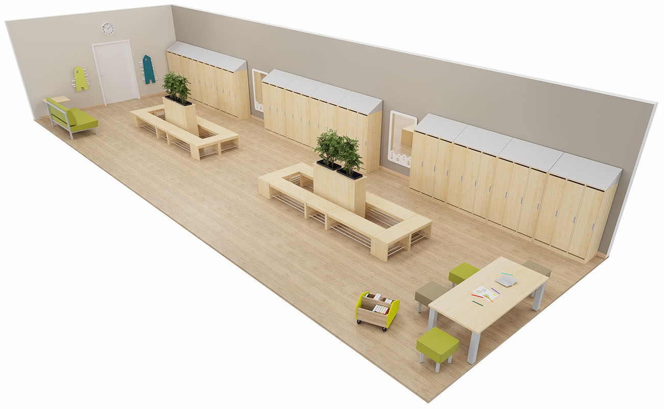 Garderobe Grüner Treffpunkt mit Flexeo Armadio Garderobenschränken, EduCasa Elternpostkästen, Bücherwagen und Magnet- und Tafelwand, essBAR Bank und Stühle