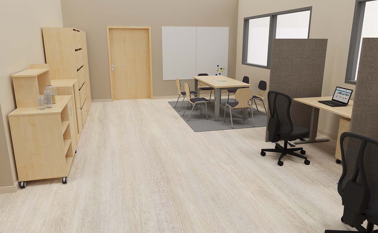 Lehrerzimmer Team-Atelier Ausschnitt mit Buffetwagen, Besprechungstisch mit essBar, Schallschutz und Flexeoschränken