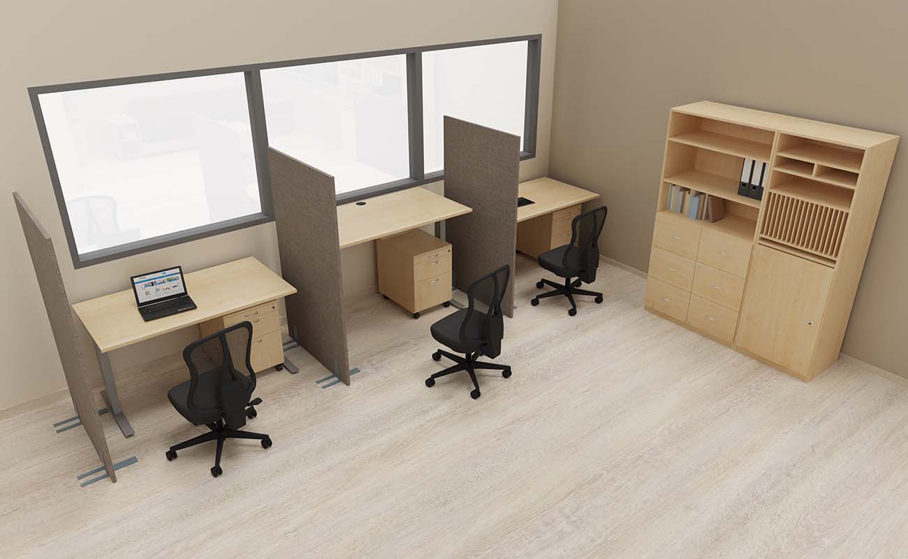 Lehrerzimmer Team-Atelier Ecke mit höhenverstellbaren Schreibtischen, Schallschutzwänden und Flexeo Klassenbuchschrank