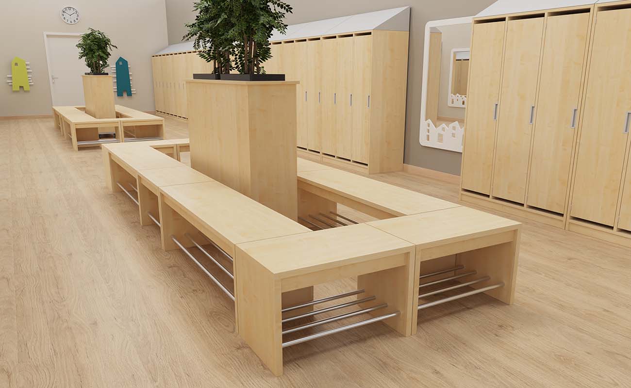 Garderobe Grüner Treffpunkt Ausschnitt mit Flexeo Armadio Garderobenschränken, Pflanzkübeln, Garderobenbänken und EduCasa Elternpostkästen