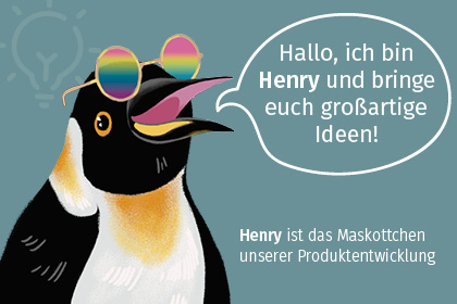 Henry, das Maskottchen unserer Produktentwicklung Hallo, ich bin Henry und bringe euch großartige Ideen!