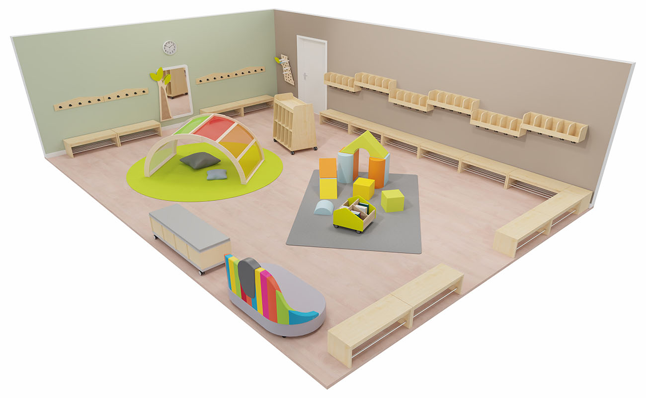 Garderobe Lichtbogen mit EduCasa Regenbogen mit Acrylglas, Flexeo Armadio Garderobe, Betzold Softbausteinen und EduCasa Taschenwagen mit Betzold Elefantensofa
