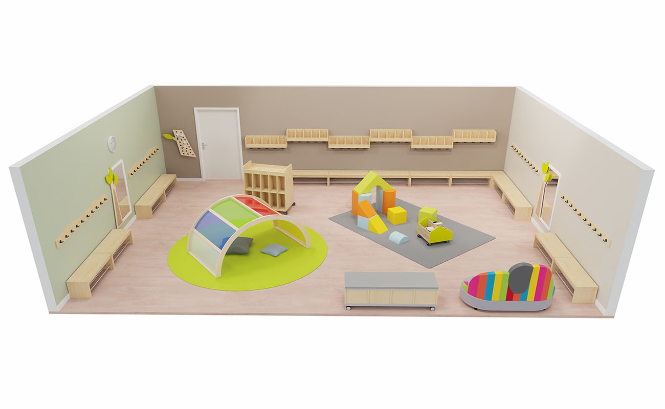 Garderobe Lichtbogen Seitenansicht mit EduCasa Regenbogen mit Acrylglas, Flexeo Armadio Garderobe,  Betzold Softbausteinen und EduCasa Taschenwagen mit Betzold Elefantensofa