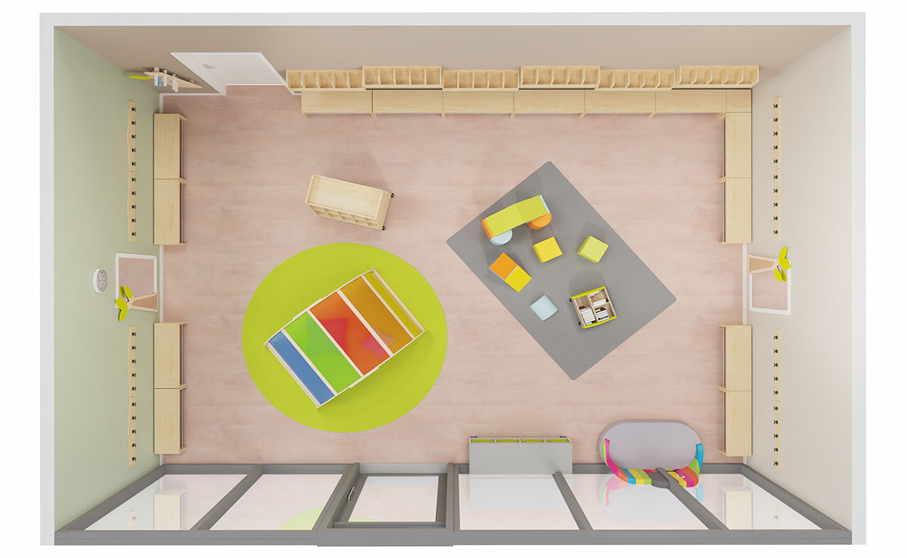 Garderobe Lichtbogen Obenansicht mit EduCasa Regenbogen mit Acrylglas, Flexeo Armadio Garderobe,  Betzold Softbausteinen und EduCasa Taschenwagen mit Betzold Elefantensofa