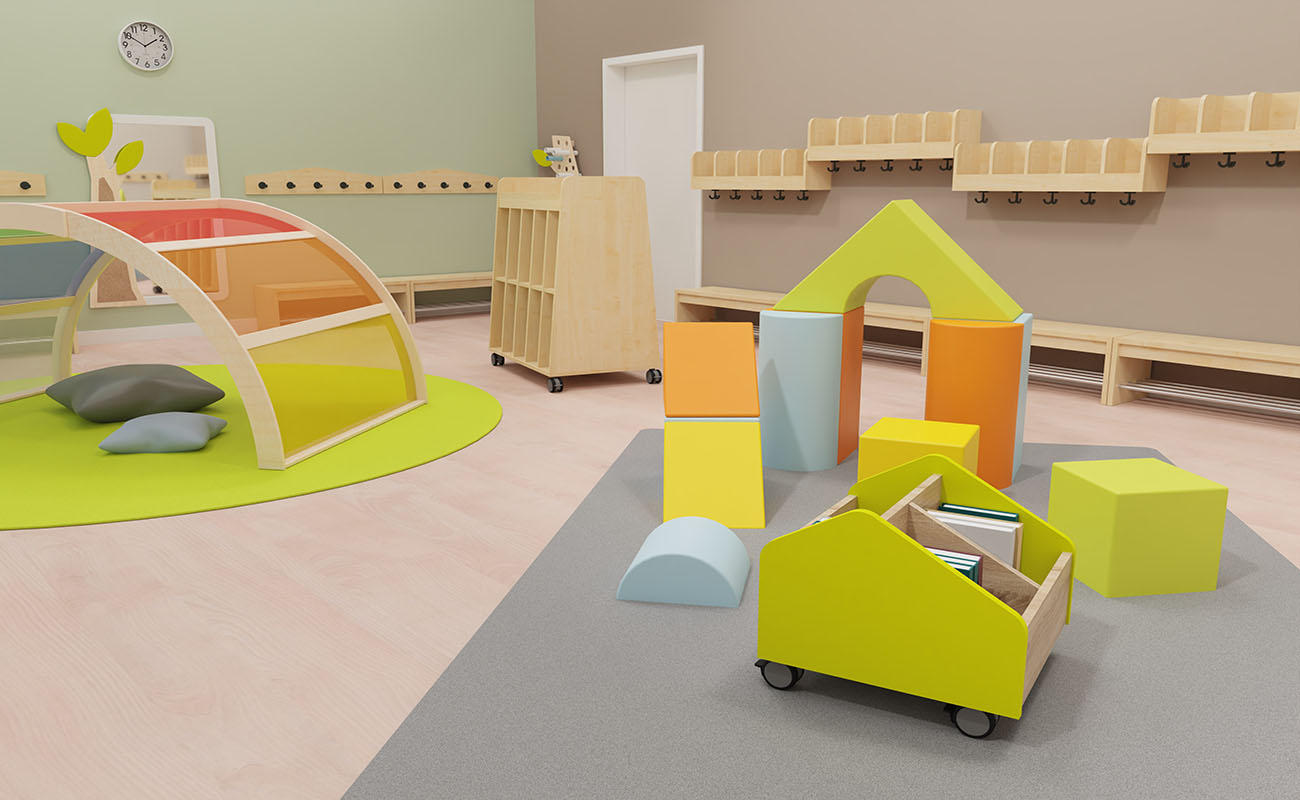 Garderobe Lichtbogen Ausschnitt mit Betzold Softbausteinen, EduCasa Bücherwagen, Taschenwagen und Flexeo Armadio Garderobe