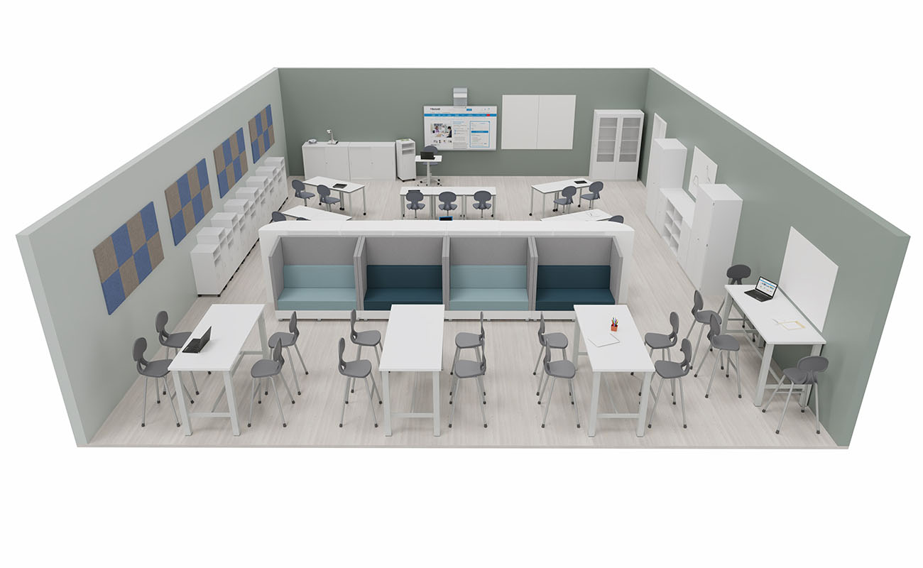 Klassenzimmer Wissensnetz Klassenzimmer 01 Seitenansicht Xilent  Schallschutz essBar Hochtische, Hochstühle, Whiteboard, Schallschutzsofa, Caddy, Flexeo