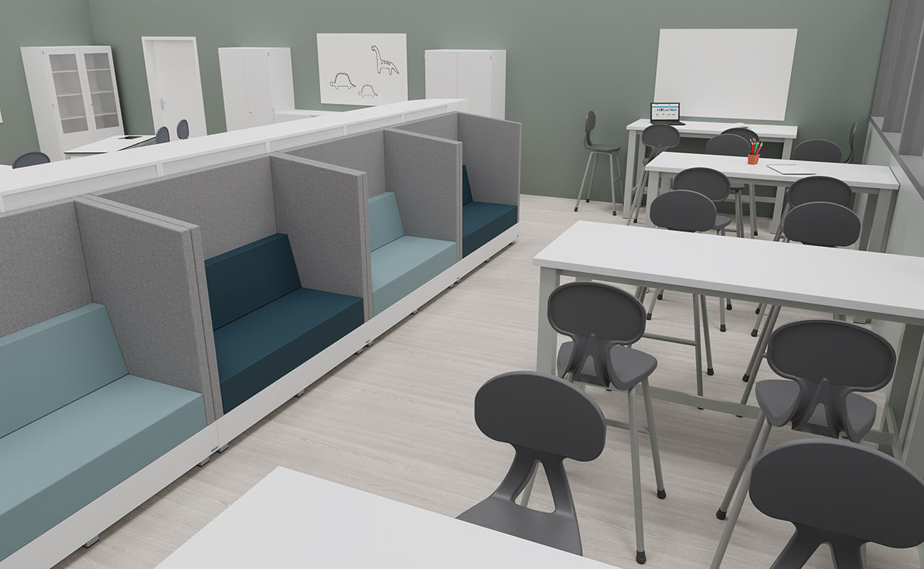 Klassenzimmer Wissensnetz Ausschnitt mit Schallschutzsofas, essBar Hochtischen und Betzold Hochstühlen