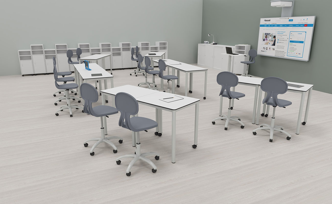 Klassenzimmer Wissensnetz Ecke 1 Frontalunterricht Bereich mit Einzeltischen, Drehstühlen, Flexeo Caddys und Whiteboard