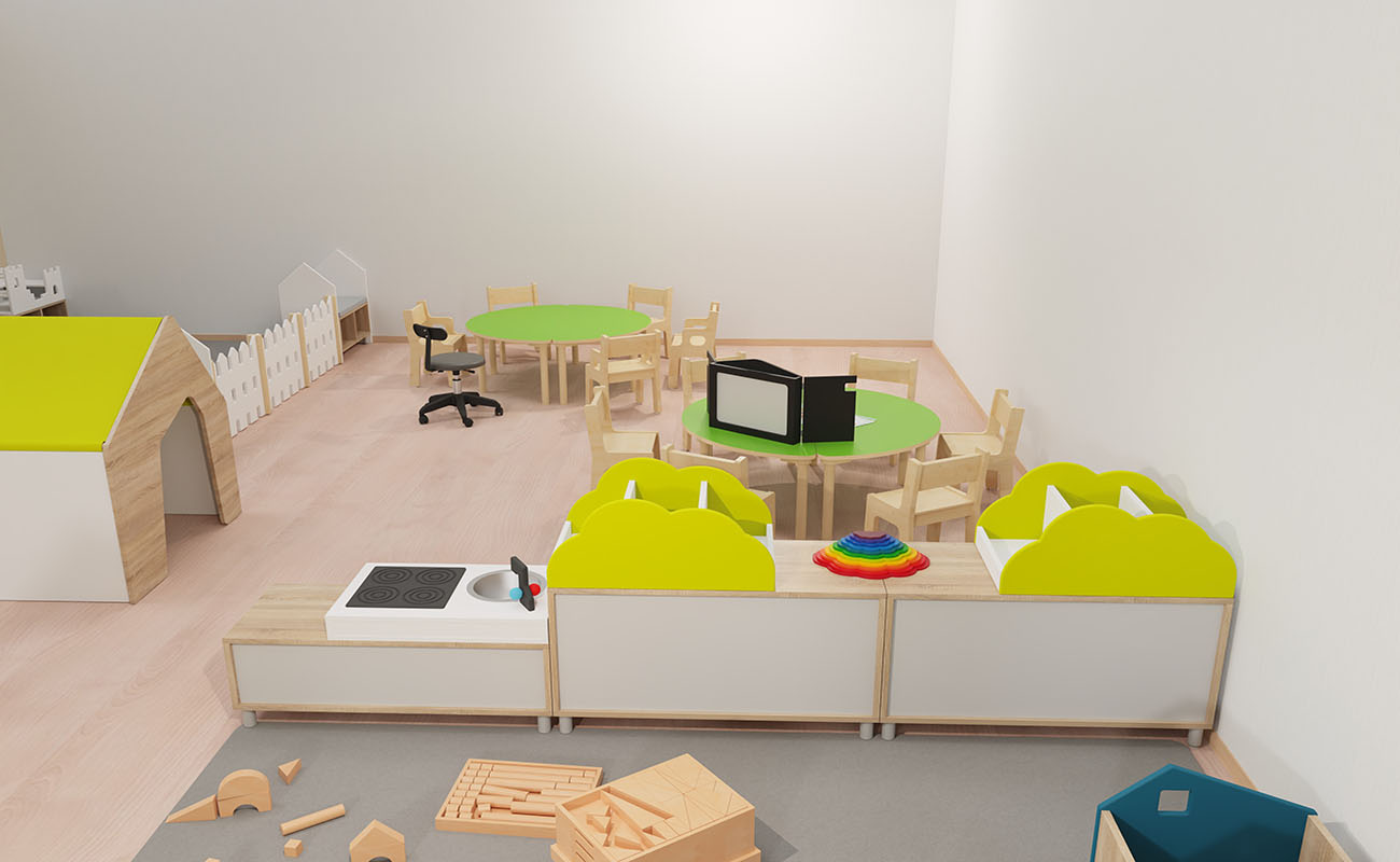 Gruppenraum Wohlfühlgruppenraum mit Betzold Bausteinwagen,EduCasa Bücherkiste Busch, EduCasa Spielhaus, Kamishibai Erzähltheater