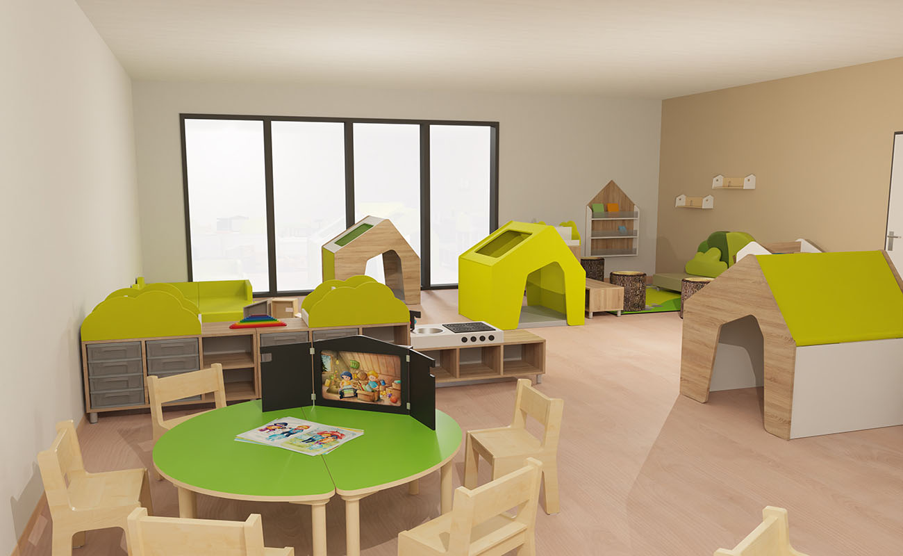 Gruppenraum Wohlfühlgruppenraum mit EduCasa Spielhaus, Sitzgruppe mit Baccus Tisch und Daggis Stühlen, Flexeoregal Raumtrenner und EduCasa Spielhaus Sinne