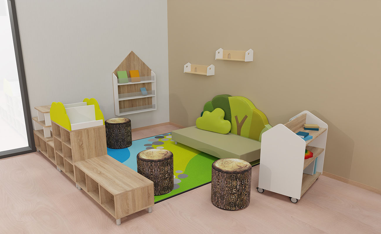 Gruppenraum Wohlfühlgruppenraum Gruppenraum Wohlfühlgruppenraum Ausschnitt mit EduCasa Bücherwagen, Betzold Waldsofa, EduCasa Bücherregal Haus und Regalaufsatz Parkhaus