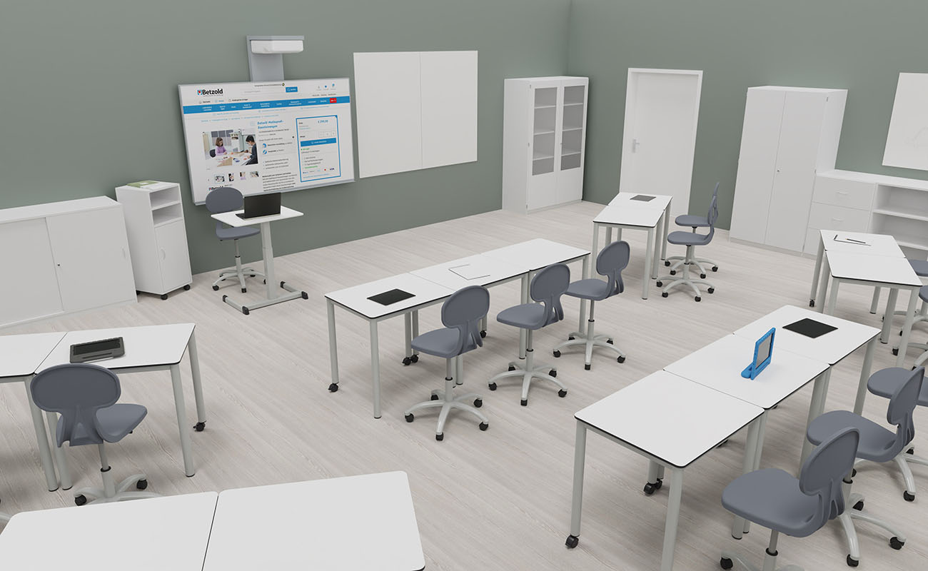 Klassenzimmer Wissensnetz Ausschnitt Frontalunterricht Bereich mit Caddys, Einzeltischen, Drehstühlen, Whiteboard und Flexeo Schränken