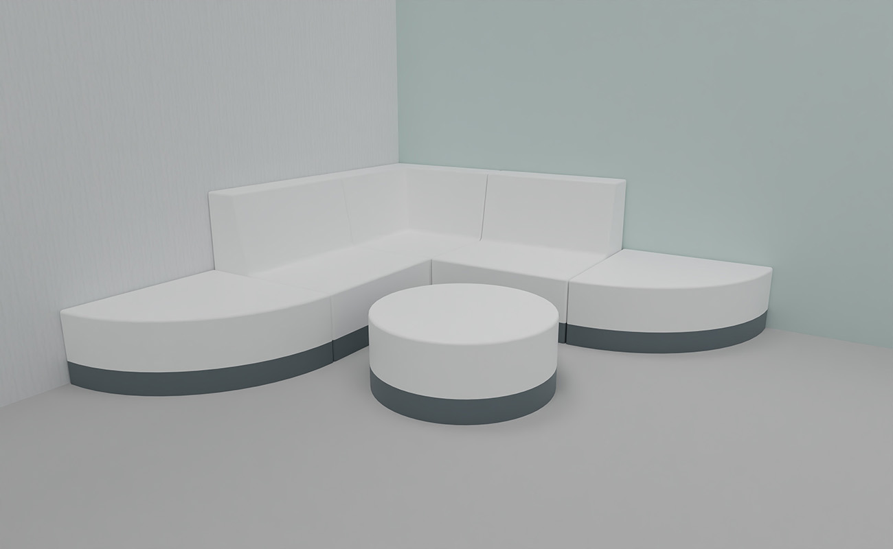 Snoezelraum Lichtspiel Snoezelraum Lichtspiel Sitzecke mit Chillo Sofa und Betzold Rundhocker