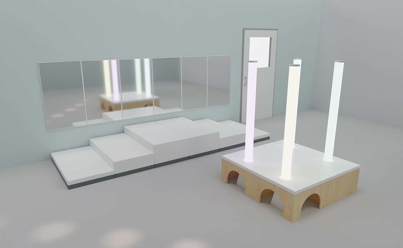 Sinnesraum Lichtspiel Sinnesraum Lichtspiel Ecke mit Treppenpodest, Wandspiegel undfarbwechselnden Lichtsäulen