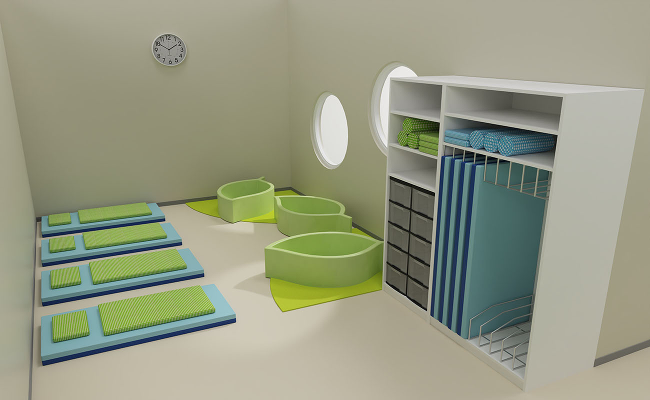 Schlafraum Cocoon Schlafraum Cocoon Raumecke mit Schlafblättern, Flexeo Mattenschrank und BebeNino Liegen