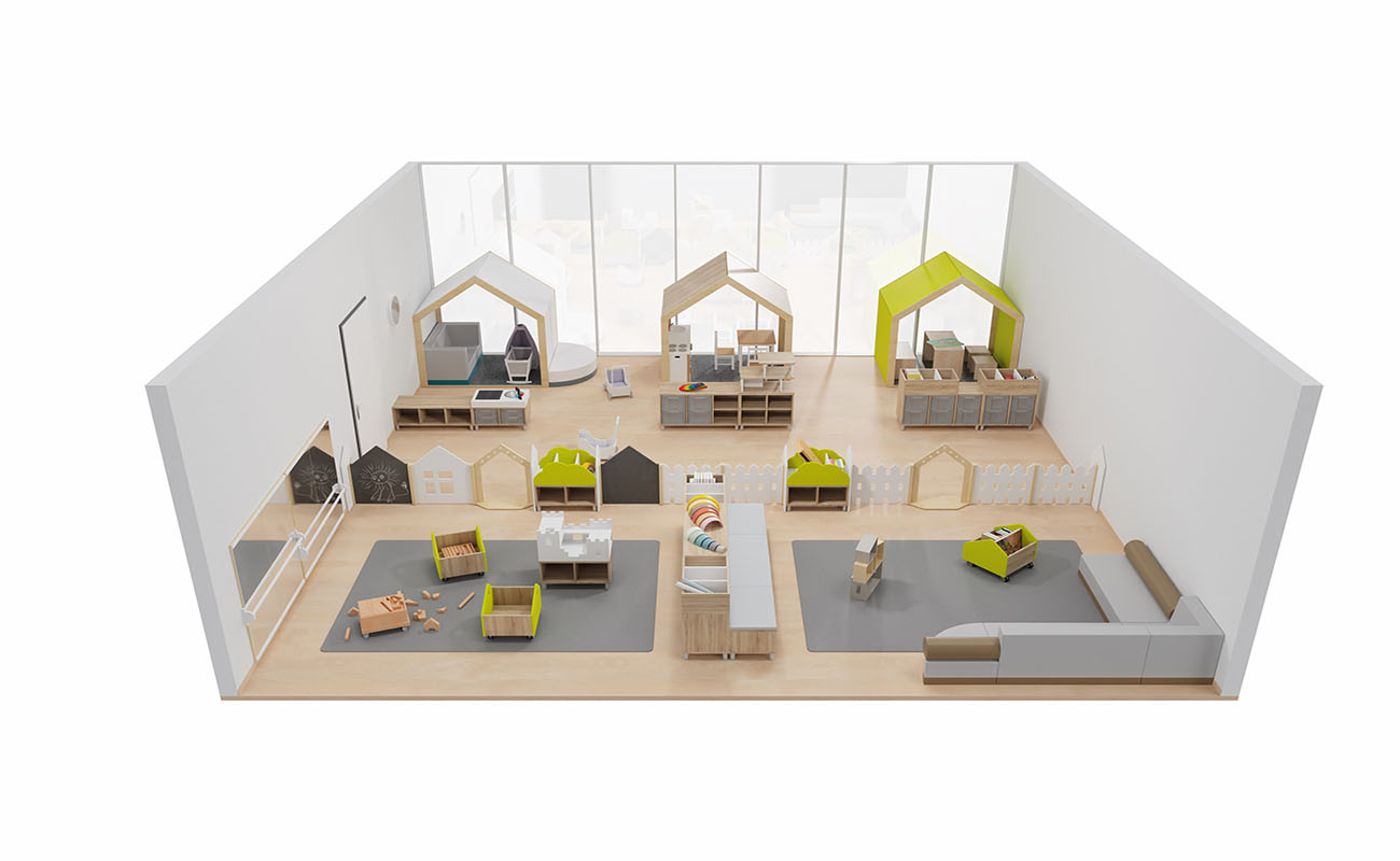 Gruppenraum Spieleparadies mit EduCasa Spielhäusern, Raumtrennern, Betzold Kinderküche, Raumtrenner Gartenzaun, Flexeo Regale und Clubbo Sofa