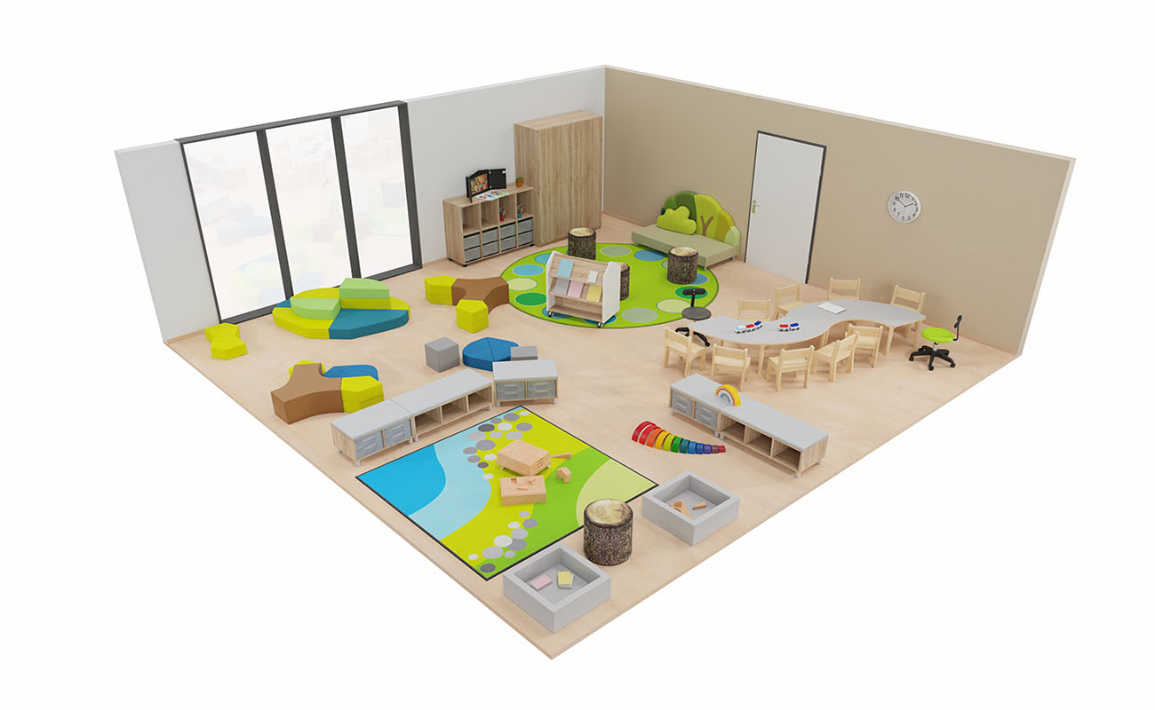 Gruppenraum Waldlichtung mit EduCasa Teppich Landscape, Raumtrenner Flexeoregal, Betzold Waldsofa und Sitzecke mit Erzieherstuhl