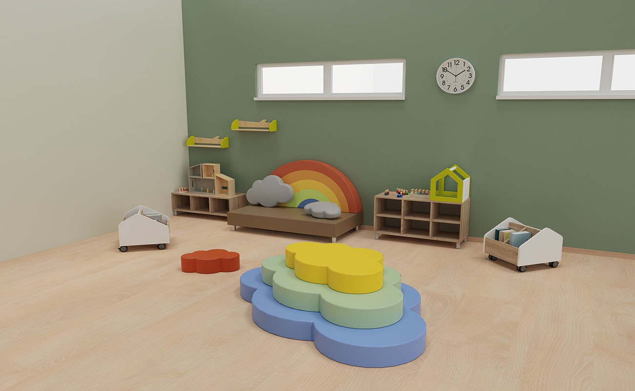 Gruppenraum Regenbogen Ausschnitte mit Betzold Regenbogensofa, Softbausteine Wolke, modulares Puppenhaus und EduCasa Spiegelhaus und fahrbarer Bücherkiste