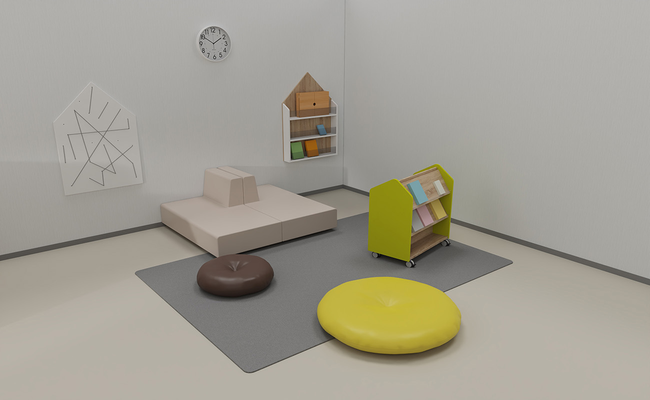Schlafraum Spiel und Schlummerstube mit Clubbo Sofa,Bodensitzpolstern, Bücherwagen und Bücherregal