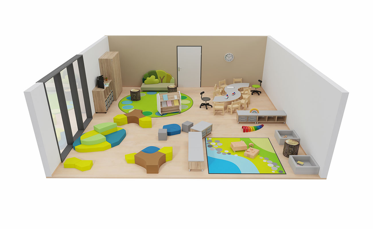 Gruppenraum Waldlichtung mit Schaumelementen Baum, Waldsofa Leseecke, EduCasa Teppich Dots und Landscape und Sitzecke