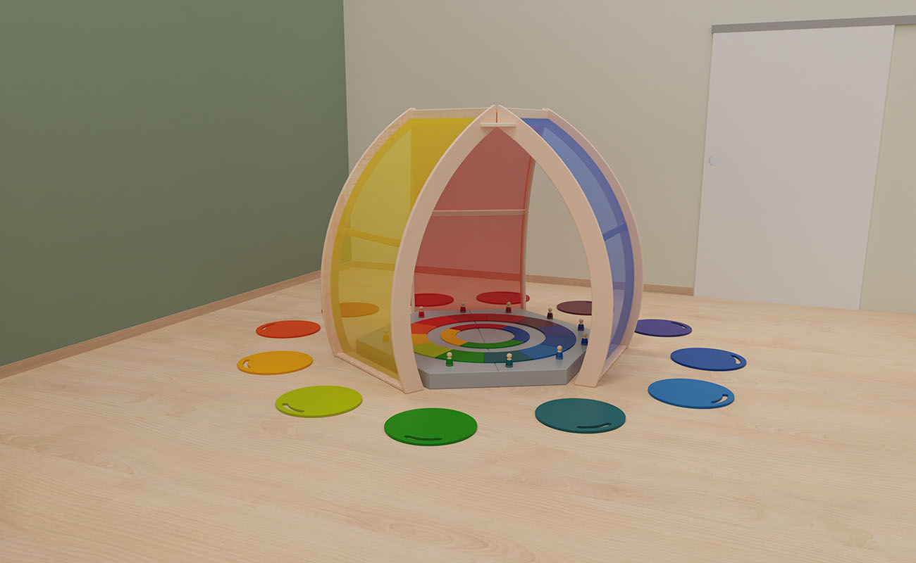 Gruppenraum Regenbogen Ausschnitt mit EduCasa Farbtempel, Regenbogensitzmatten, Betzold Jahreskreis und Regenbogenfiguren