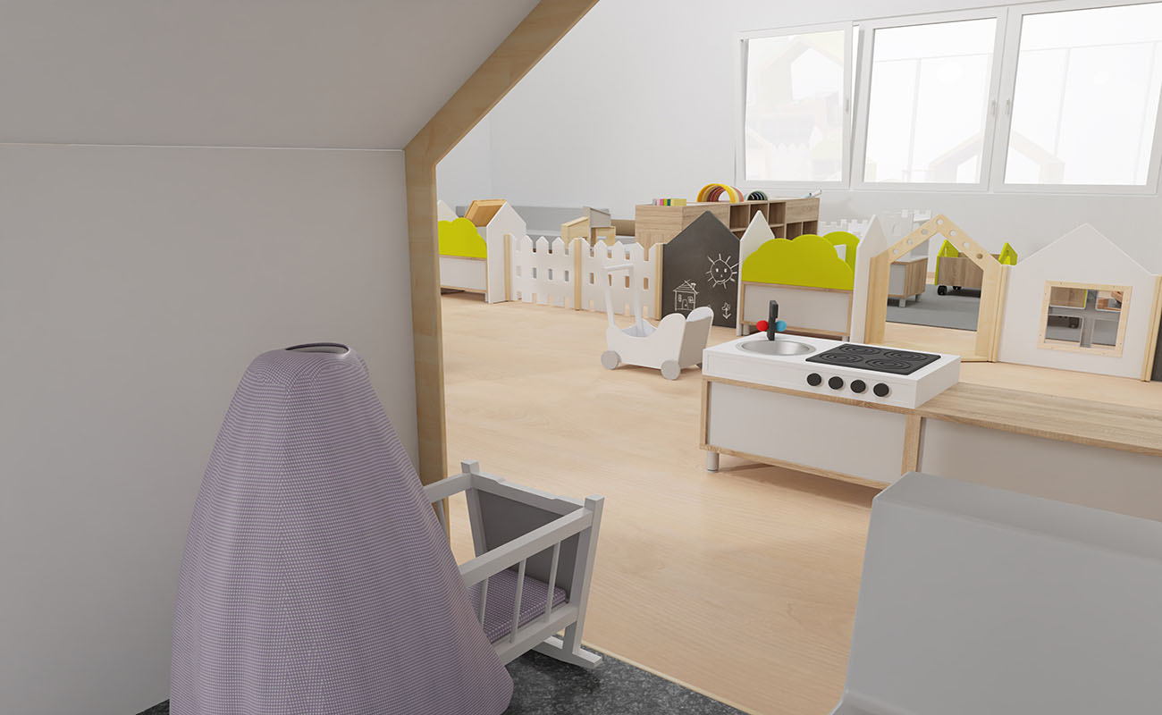 Gruppenraum Spieleparadies Ausschnitt mit EduCasa Spielhäusern, Flexeo Regale, Raumtrenner Gartenzaun, Puppenwagen und Regenbogen