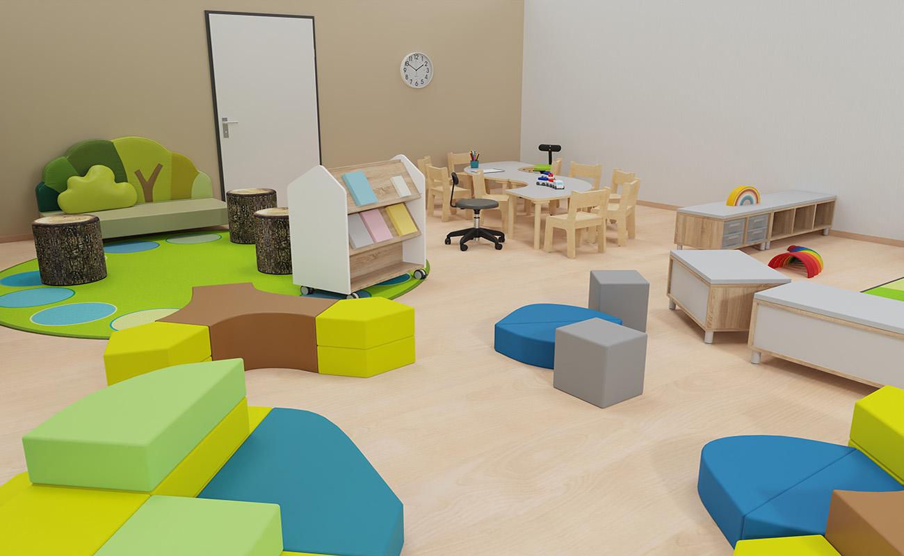 Gruppenraum Waldlichtung mit Schaumelementen Baum, EduCasa Bücherwagen und Flexeo Regalen