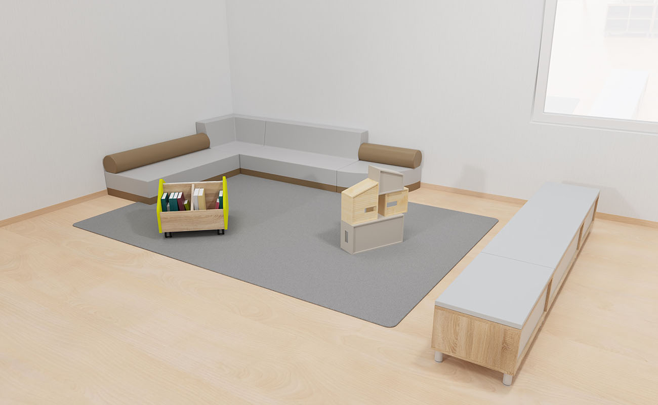 Gruppenraum Spieleparadies Ausschnitt Sitzecke mit Clubbo Sofa, EduCasa fahrbare Bücherkiste und modularem Puppenhaus